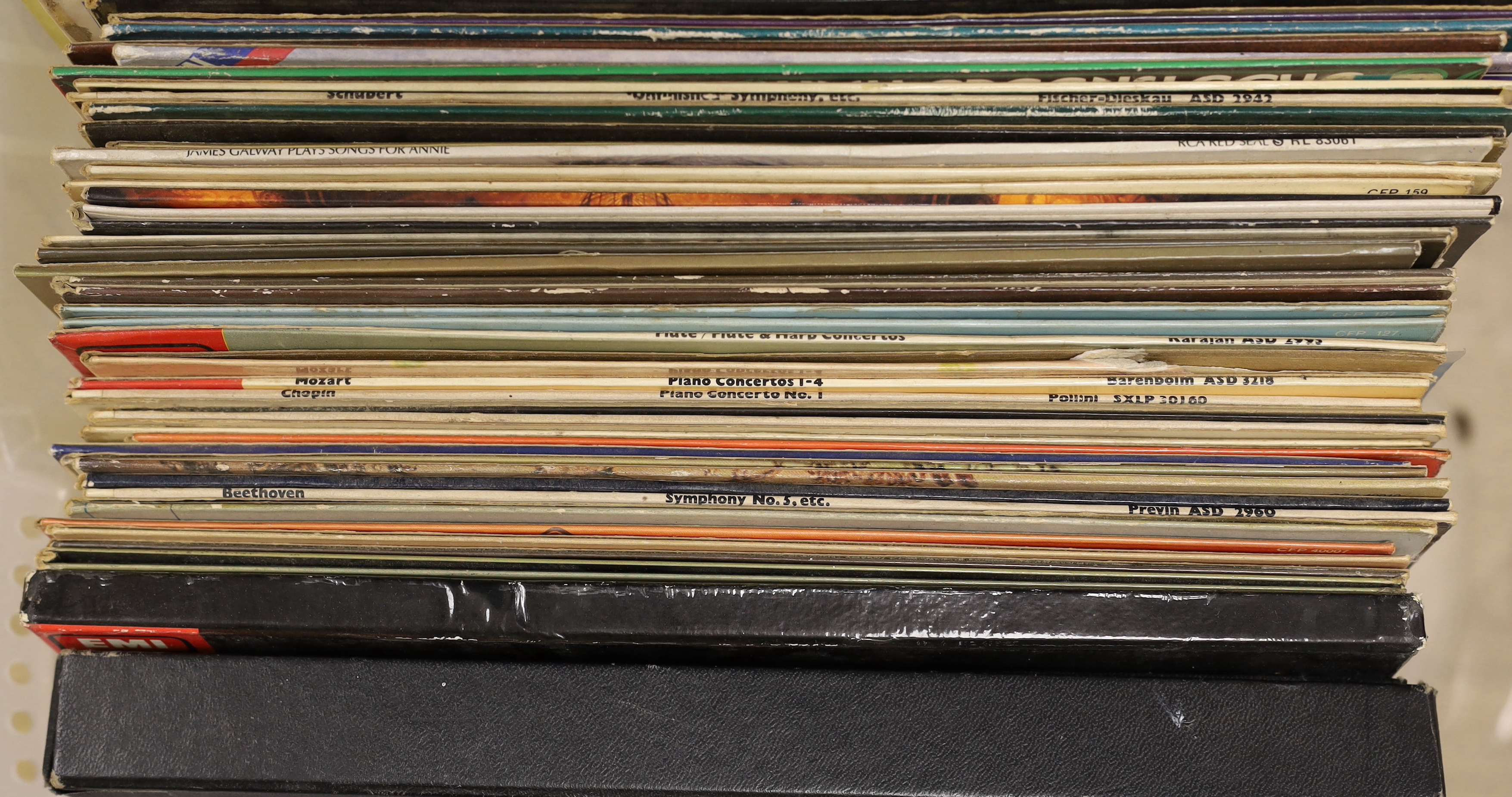 A collection of classical LPs, composers include Beethoven, Mozart, Bach, Mahler, Dvorak, etc.